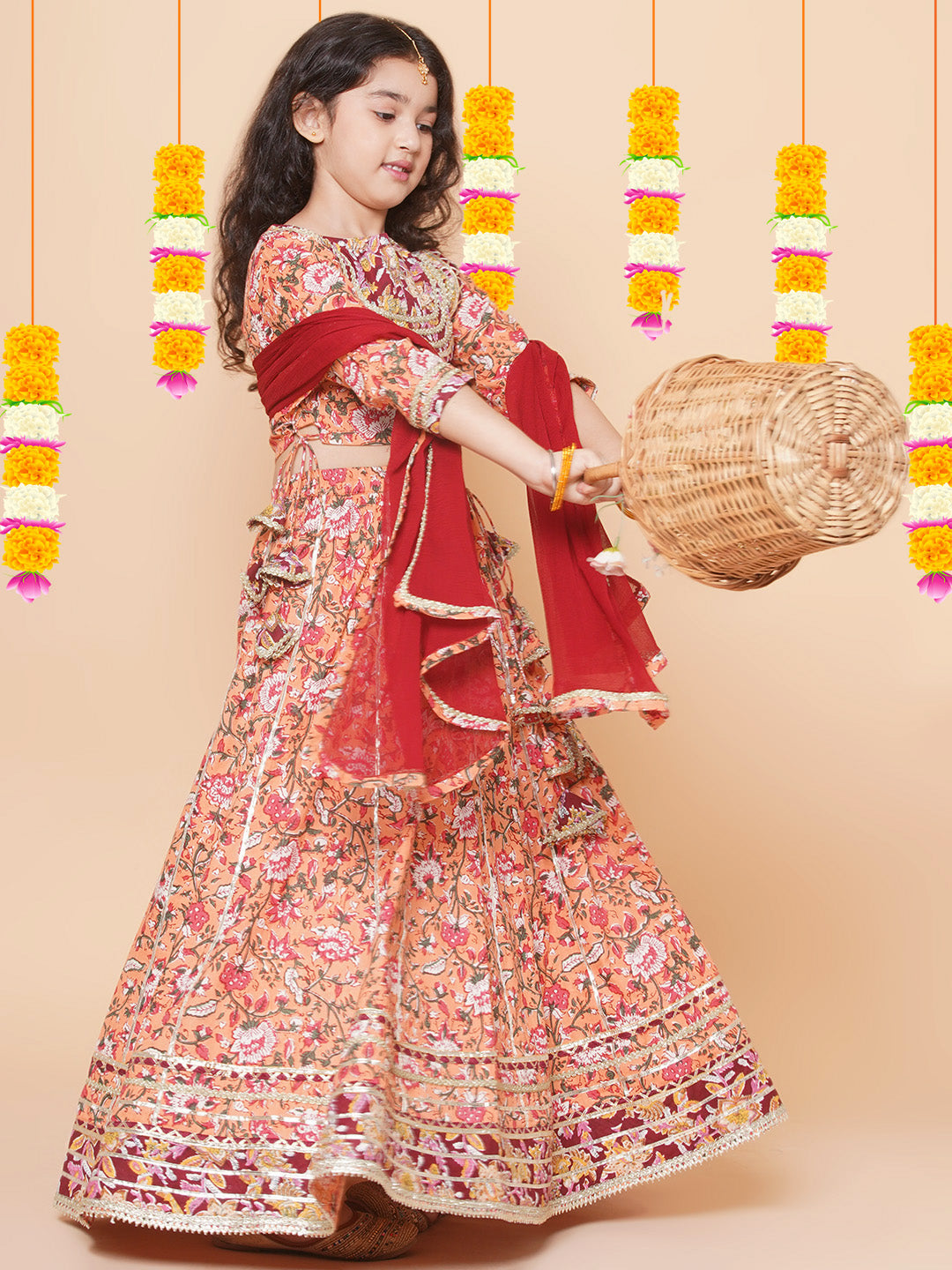 Girls Peach Flower Jaal Printed with Lace detailed Lehenga with Choli With Dupatta for Kids - Bhama - Distacart