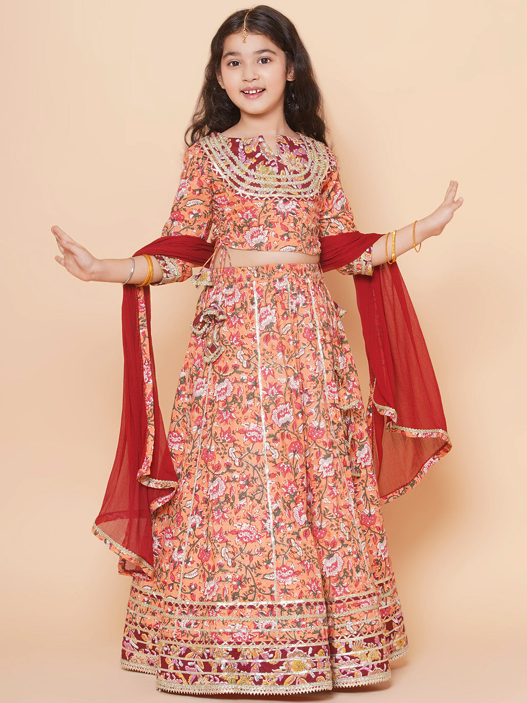 Girls Peach Flower Jaal Printed with Lace detailed Lehenga with Choli With Dupatta for Kids - Bhama - Distacart