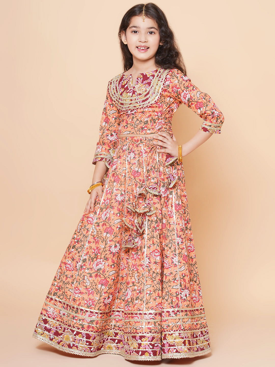 Girls Peach Flower Jaal Printed with Lace detailed Lehenga with Choli With Dupatta for Kids - Bhama - Distacart