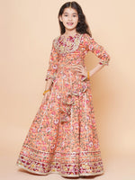 Thumbnail for Girls Peach Flower Jaal Printed with Lace detailed Lehenga with Choli With Dupatta for Kids - Bhama - Distacart