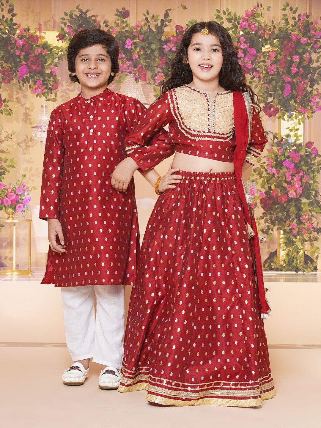 Girls Maroon & Beige Jacquard booti Lace Work Choli Lehenga With Dupatta for Kids - Bhama - Distacart