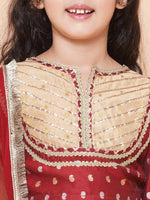 Thumbnail for Girls Maroon & Beige Jacquard booti Lace Work Choli Lehenga With Dupatta for Kids - Bhama - Distacart