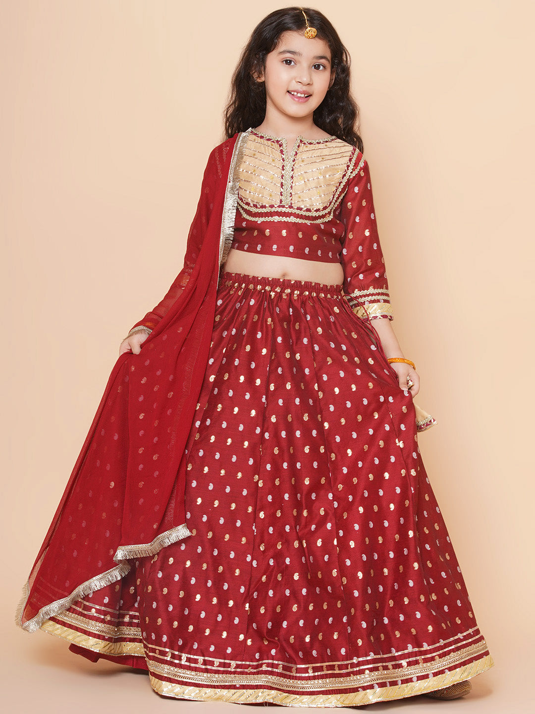 Girls Maroon & Beige Jacquard booti Lace Work Choli Lehenga With Dupatta for Kids - Bhama - Distacart