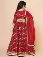 Thumbnail for Girls Maroon & Beige Jacquard booti Lace Work Choli Lehenga With Dupatta for Kids - Bhama - Distacart