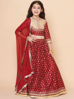 Thumbnail for Girls Maroon & Beige Jacquard booti Lace Work Choli Lehenga With Dupatta for Kids - Bhama - Distacart