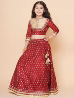 Thumbnail for Girls Maroon & Beige Jacquard booti Lace Work Choli Lehenga With Dupatta for Kids - Bhama - Distacart