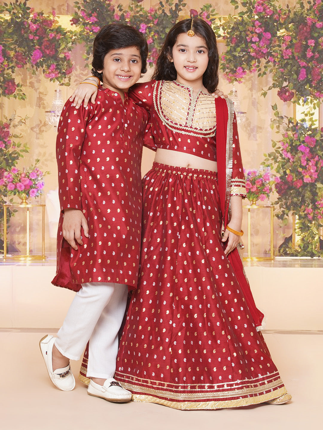 Girls Maroon & Beige Jacquard booti Lace Work Choli Lehenga With Dupatta for Kids - Bhama - Distacart