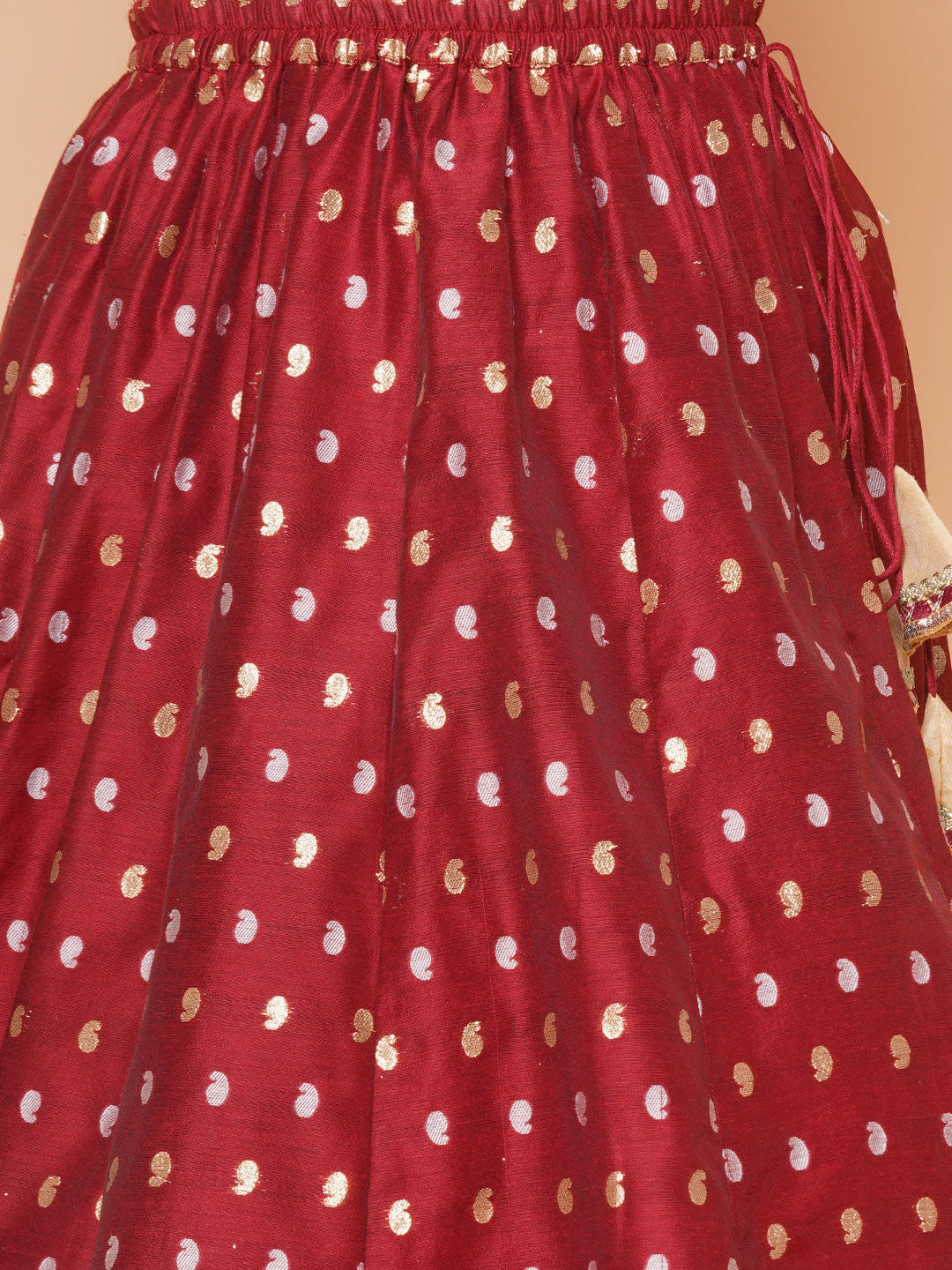 Girls Maroon & Beige Jacquard booti Lace Work Choli Lehenga With Dupatta for Kids - Bhama - Distacart
