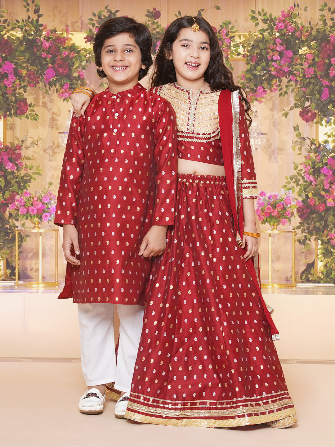 Girls Maroon & Beige Jacquard booti Lace Work Choli Lehenga With Dupatta for Kids - Bhama - Distacart