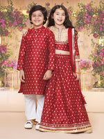 Thumbnail for Girls Maroon & Beige Jacquard booti Lace Work Choli Lehenga With Dupatta for Kids - Bhama - Distacart