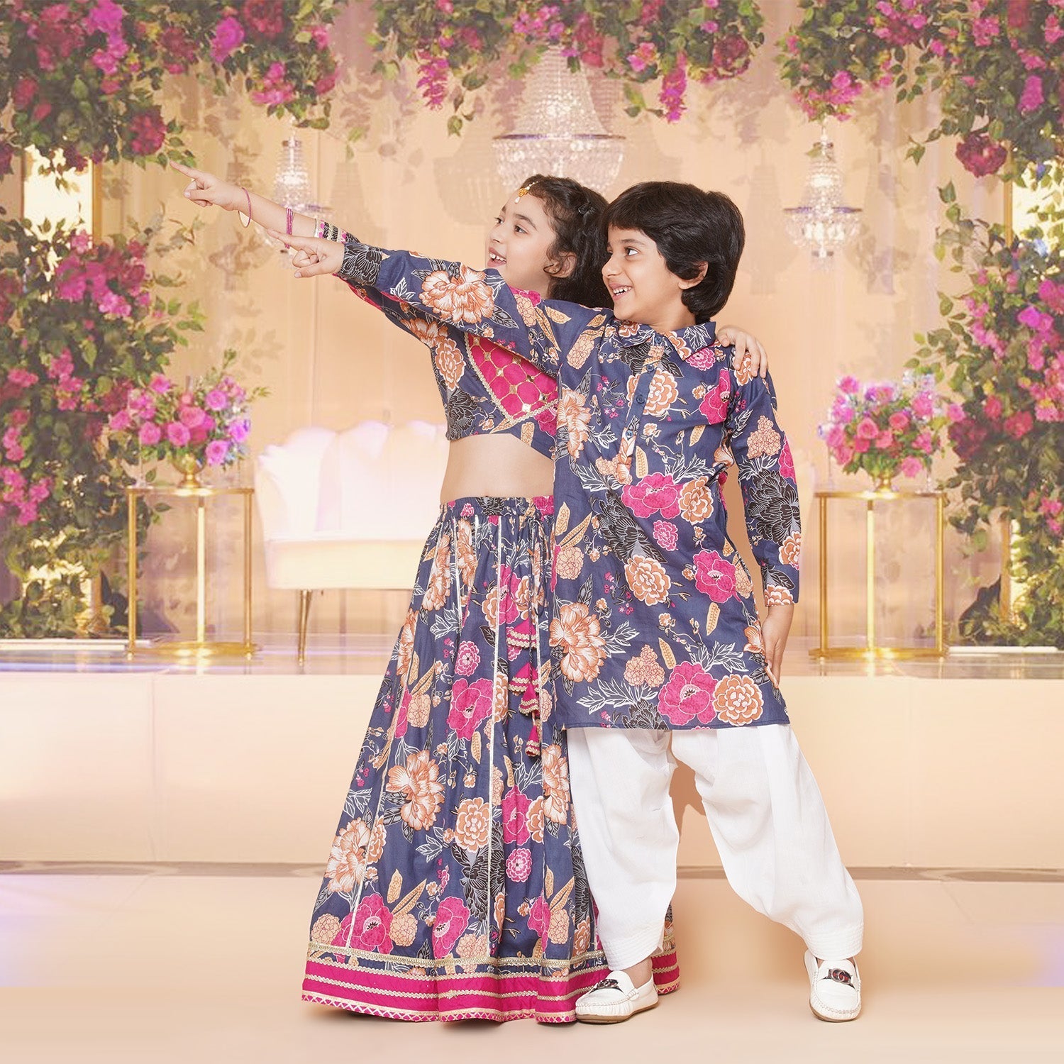 Girls Blue & Pink Flower Printed with Embroidered yoke Choli, Lehenga with Dupatta for Kids - Bhama - Distacart