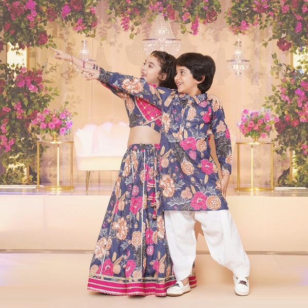 Girls Blue & Pink Flower Printed with Embroidered yoke Choli, Lehenga with Dupatta for Kids - Bhama - Distacart