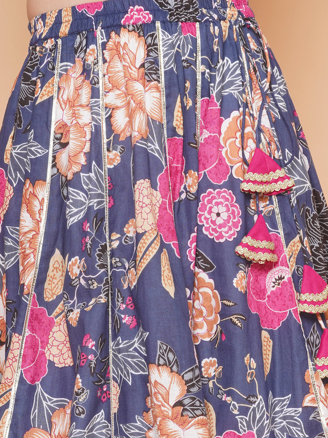 Girls Blue & Pink Flower Printed with Embroidered yoke Choli, Lehenga with Dupatta for Kids - Bhama - Distacart