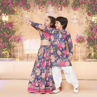 Girls Blue & Pink Flower Printed with Embroidered yoke Choli, Lehenga with Dupatta for Kids - Bhama - Distacart