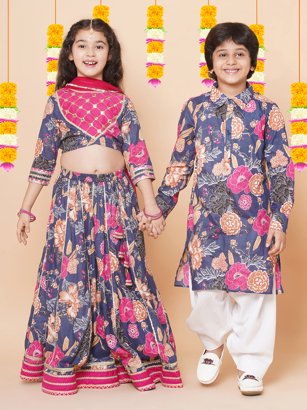 Girls Blue & Pink Flower Printed with Embroidered yoke Choli, Lehenga with Dupatta for Kids - Bhama - Distacart