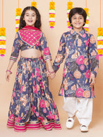 Thumbnail for Girls Blue & Pink Flower Printed with Embroidered yoke Choli, Lehenga with Dupatta for Kids - Bhama - Distacart