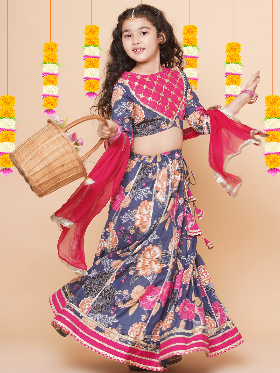 Girls Blue & Pink Flower Printed with Embroidered yoke Choli, Lehenga with Dupatta for Kids - Bhama - Distacart