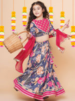 Thumbnail for Girls Blue & Pink Flower Printed with Embroidered yoke Choli, Lehenga with Dupatta for Kids - Bhama - Distacart