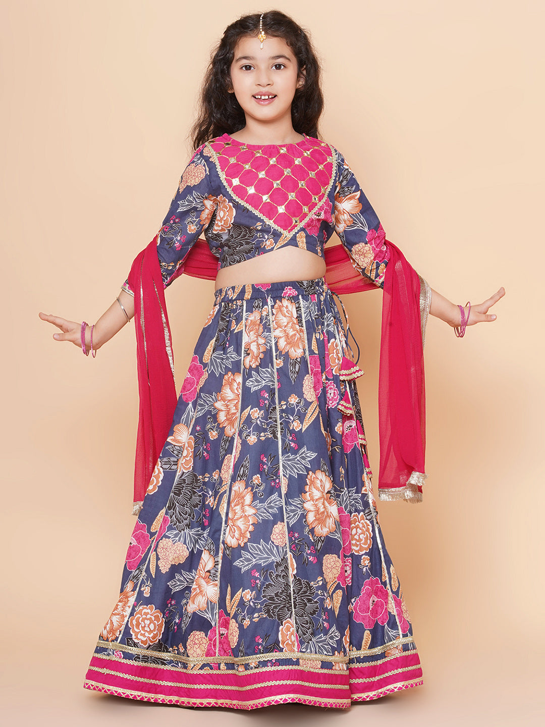 Girls Blue & Pink Flower Printed with Embroidered yoke Choli, Lehenga with Dupatta for Kids - Bhama - Distacart