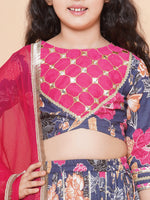 Thumbnail for Girls Blue & Pink Flower Printed with Embroidered yoke Choli, Lehenga with Dupatta for Kids - Bhama - Distacart