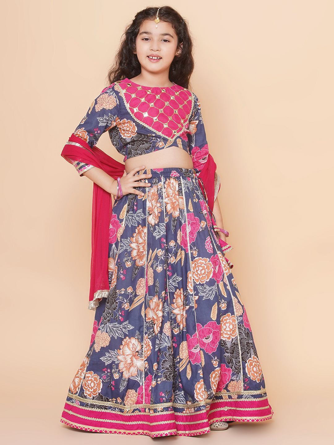 Girls Blue & Pink Flower Printed with Embroidered yoke Choli, Lehenga with Dupatta for Kids - Bhama - Distacart
