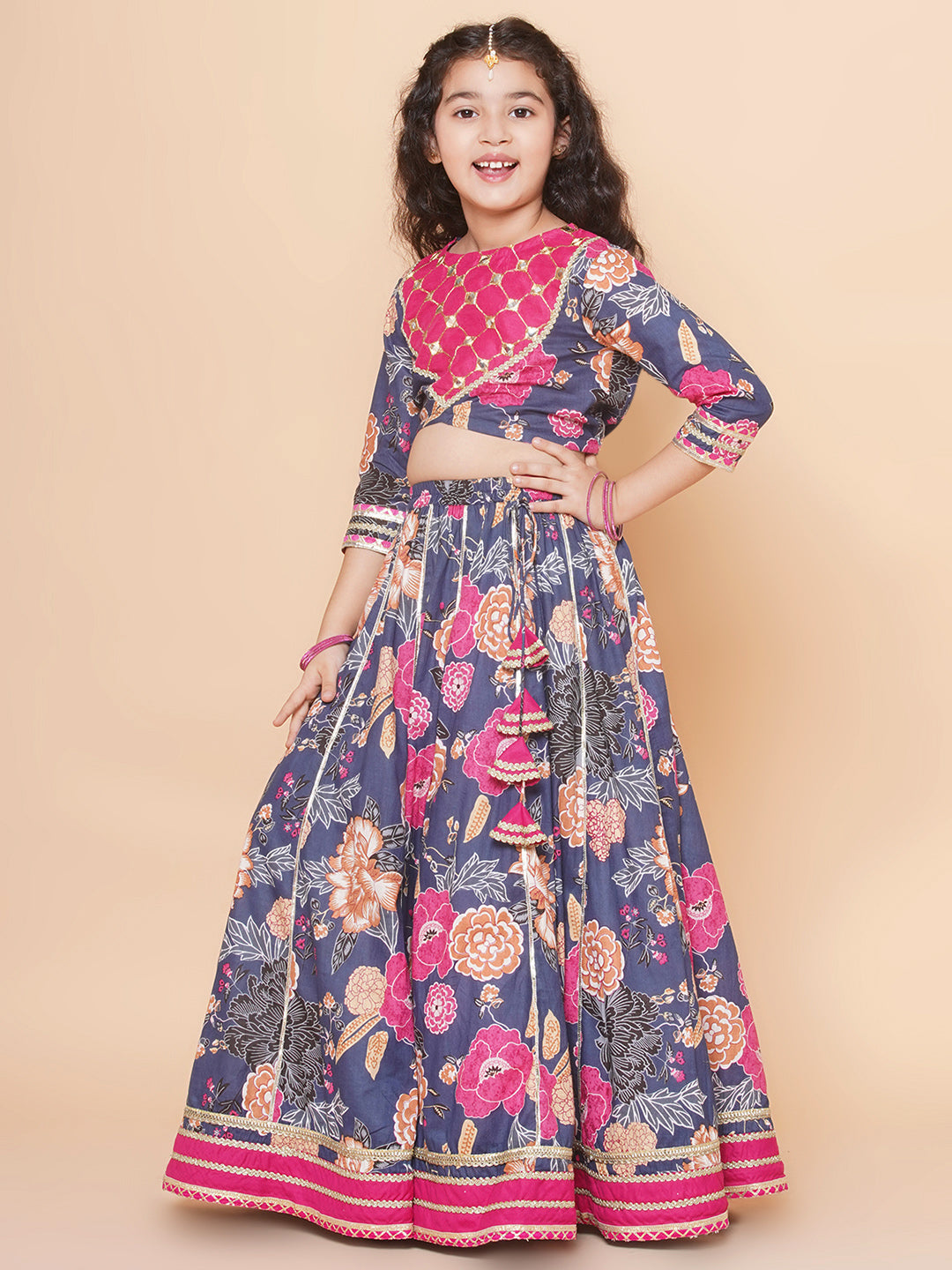 Girls Blue & Pink Flower Printed with Embroidered yoke Choli, Lehenga with Dupatta for Kids - Bhama - Distacart