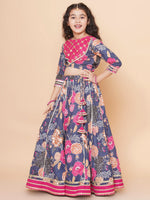 Thumbnail for Girls Blue & Pink Flower Printed with Embroidered yoke Choli, Lehenga with Dupatta for Kids - Bhama - Distacart