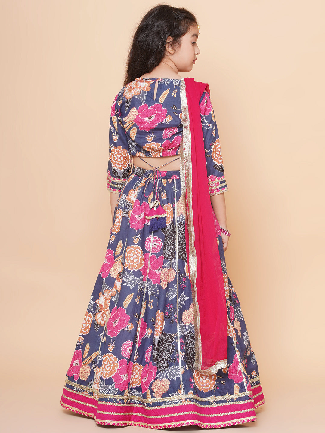 Girls Blue & Pink Flower Printed with Embroidered yoke Choli, Lehenga with Dupatta for Kids - Bhama - Distacart