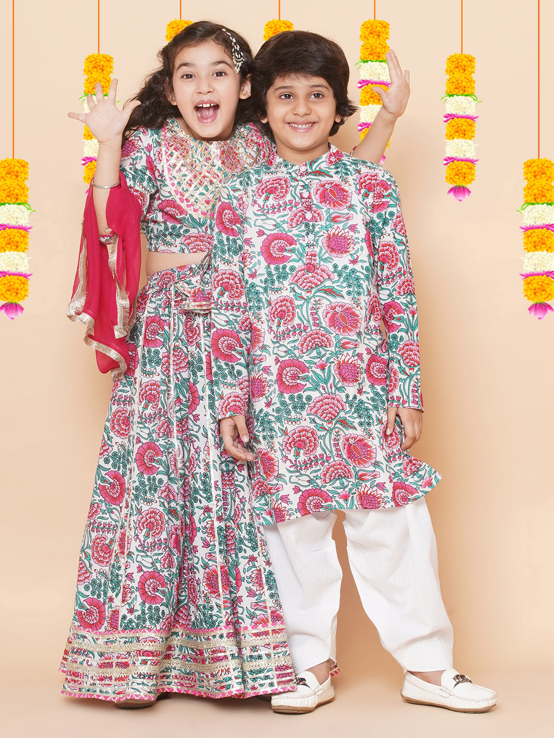 Girls Off White & Pink Flower Print Choli Ready to wear Lehenga With Dupatta for Kids - Bhama - Distacart