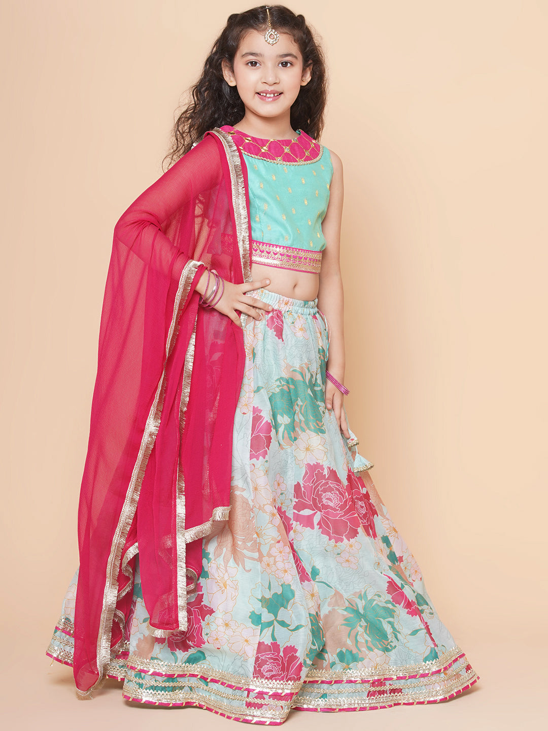 Girls Pink Green Multi printed lehenga with Pink Embroiderd Choli with Pink Dupatta for Kids - Bhama - Distacart