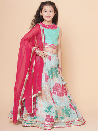 Girls Pink Green Multi printed lehenga with Pink Embroiderd Choli with Pink Dupatta for Kids - Bhama - Distacart