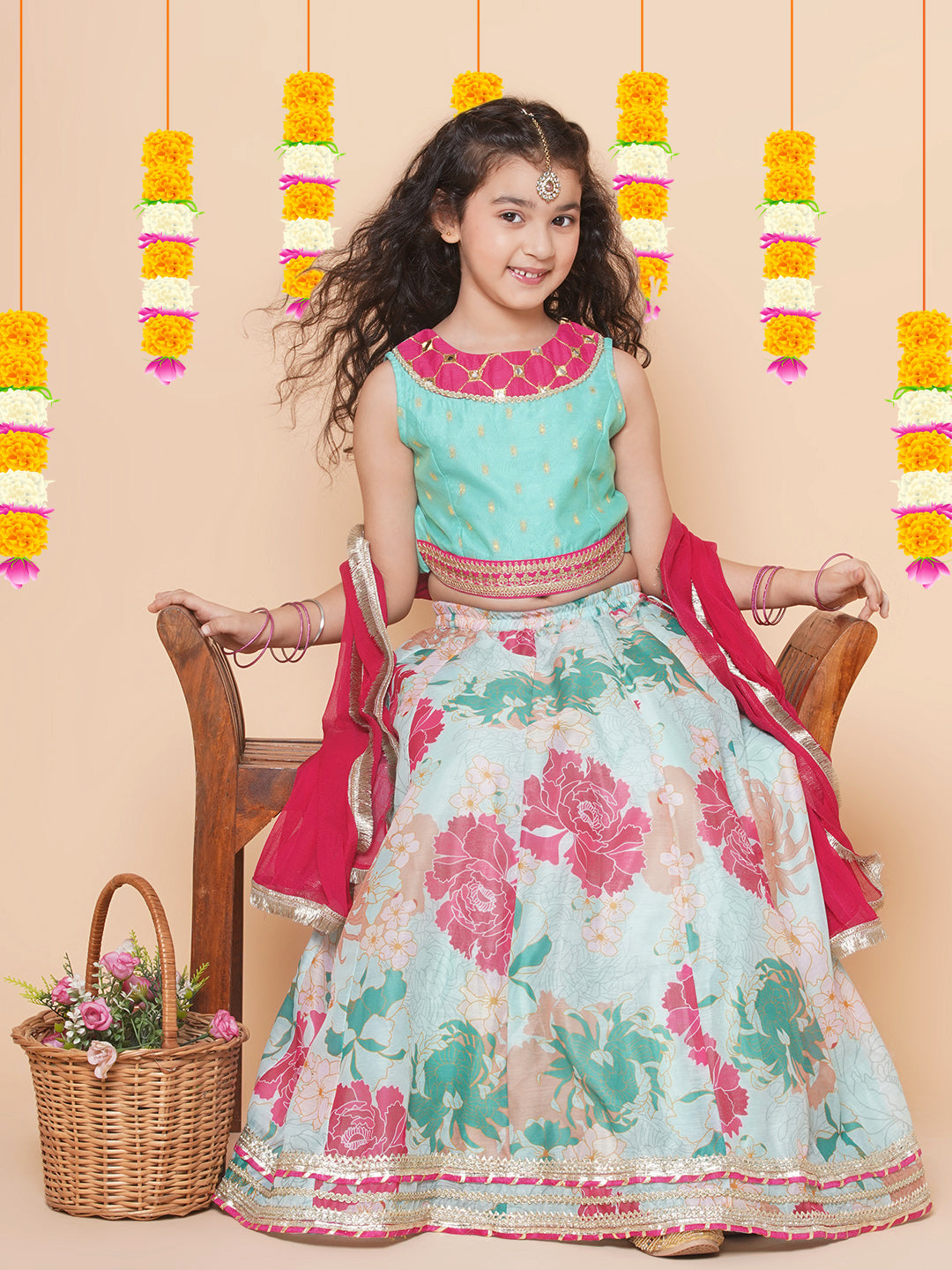 Girls Pink Green Multi printed lehenga with Pink Embroiderd Choli with Pink Dupatta for Kids - Bhama - Distacart