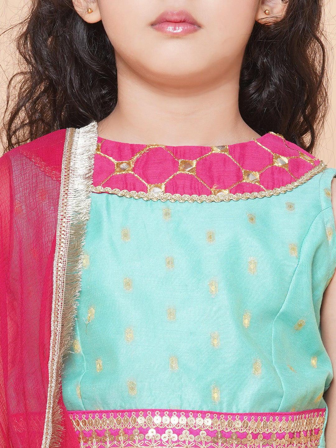 Girls Pink Green Multi printed lehenga with Pink Embroiderd Choli with Pink Dupatta for Kids - Bhama - Distacart