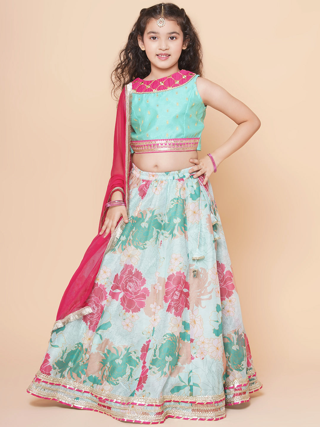 Girls Pink Green Multi printed lehenga with Pink Embroiderd Choli with Pink Dupatta for Kids - Bhama - Distacart