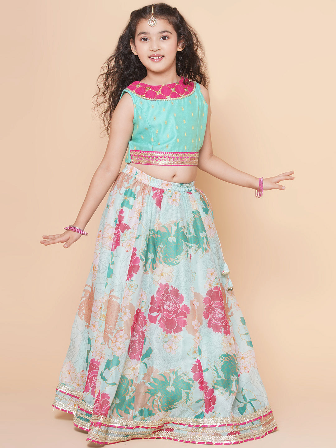 Girls Pink Green Multi printed lehenga with Pink Embroiderd Choli with Pink Dupatta for Kids - Bhama - Distacart