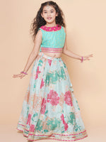 Thumbnail for Girls Pink Green Multi printed lehenga with Pink Embroiderd Choli with Pink Dupatta for Kids - Bhama - Distacart