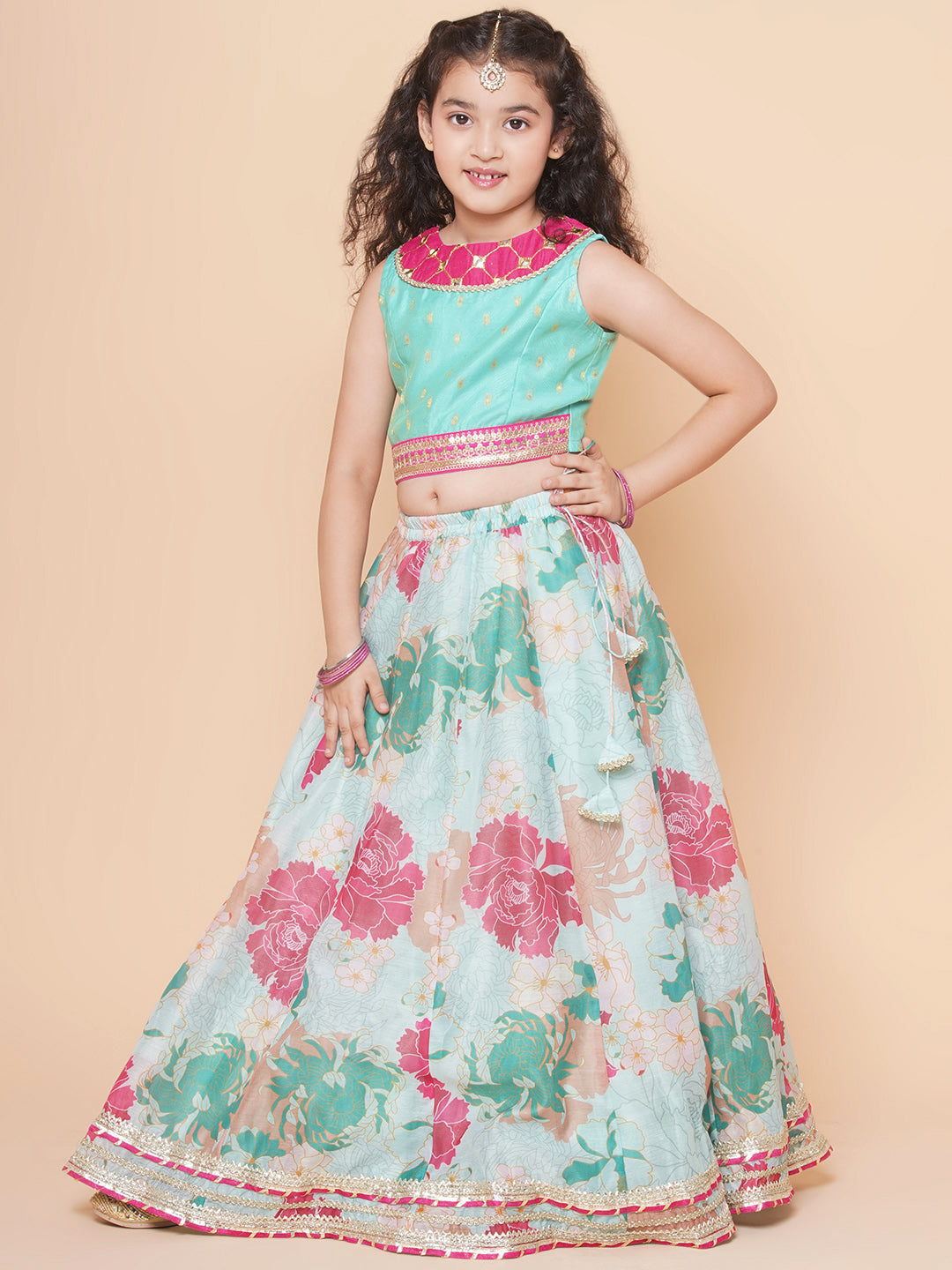 Girls Pink Green Multi printed lehenga with Pink Embroiderd Choli with Pink Dupatta for Kids - Bhama - Distacart