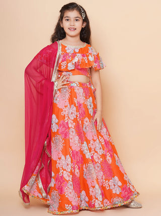 Girls Orange & Pink Flower Digital Print Choli Ready to wear Lehenga with Dupatta for Kids - Bhama - Distacart