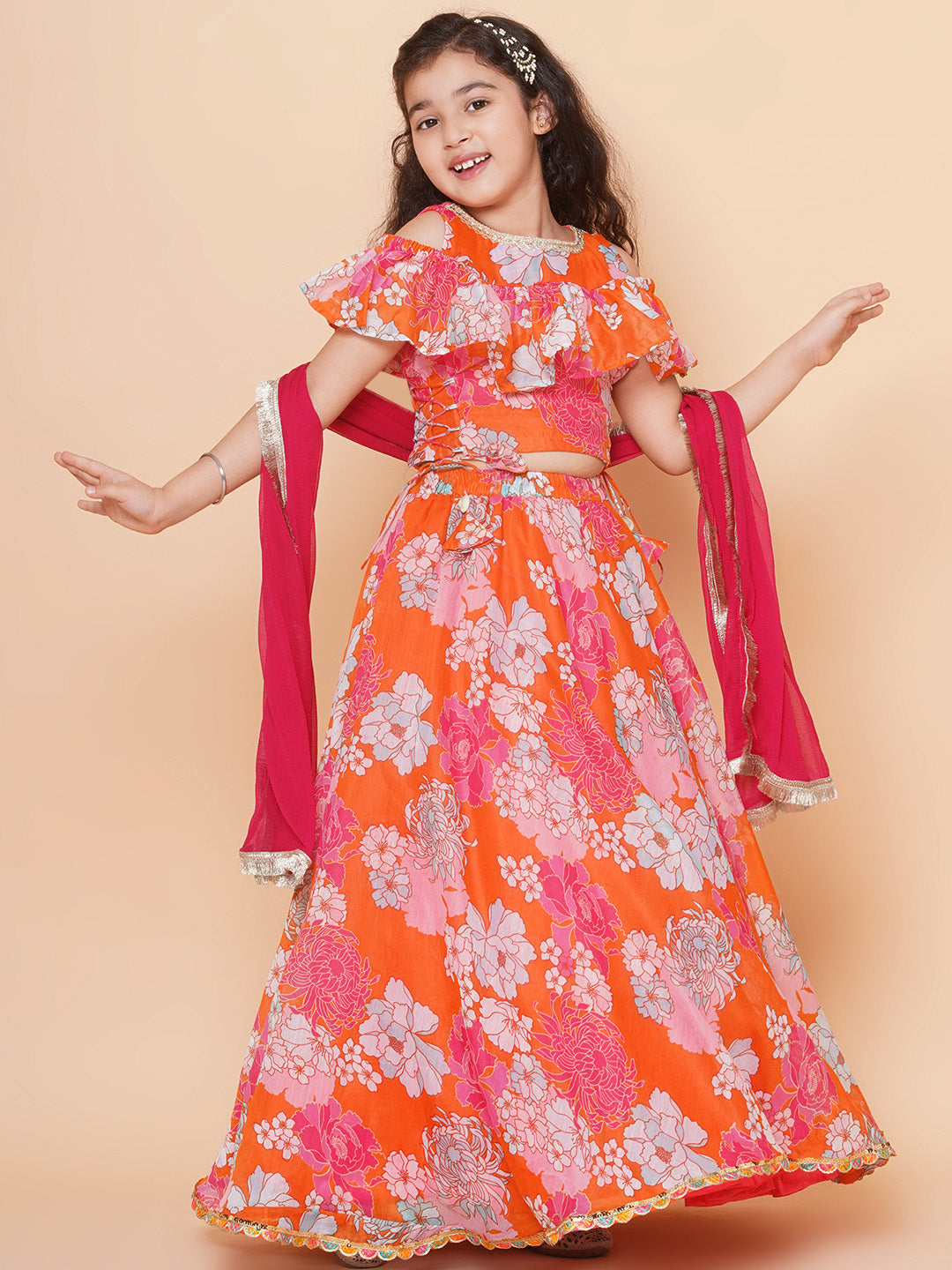 Girls Orange & Pink Flower Digital Print Choli Ready to wear Lehenga with Dupatta for Kids - Bhama - Distacart