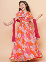 Thumbnail for Girls Orange & Pink Flower Digital Print Choli Ready to wear Lehenga with Dupatta for Kids - Bhama - Distacart