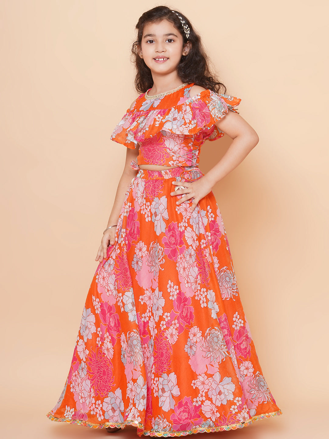 Girls Orange & Pink Flower Digital Print Choli Ready to wear Lehenga with Dupatta for Kids - Bhama - Distacart