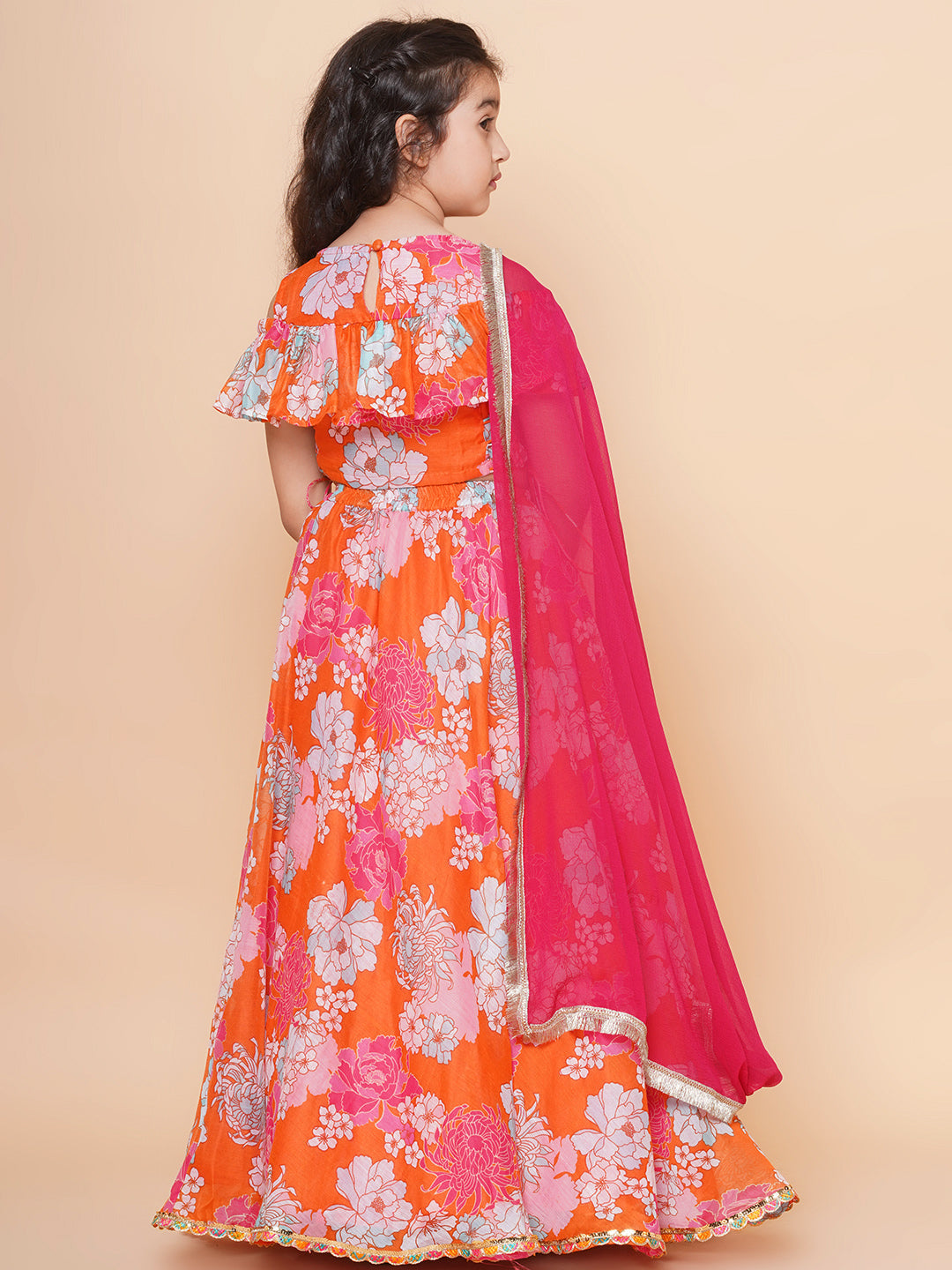 Girls Orange & Pink Flower Digital Print Choli Ready to wear Lehenga with Dupatta for Kids - Bhama - Distacart