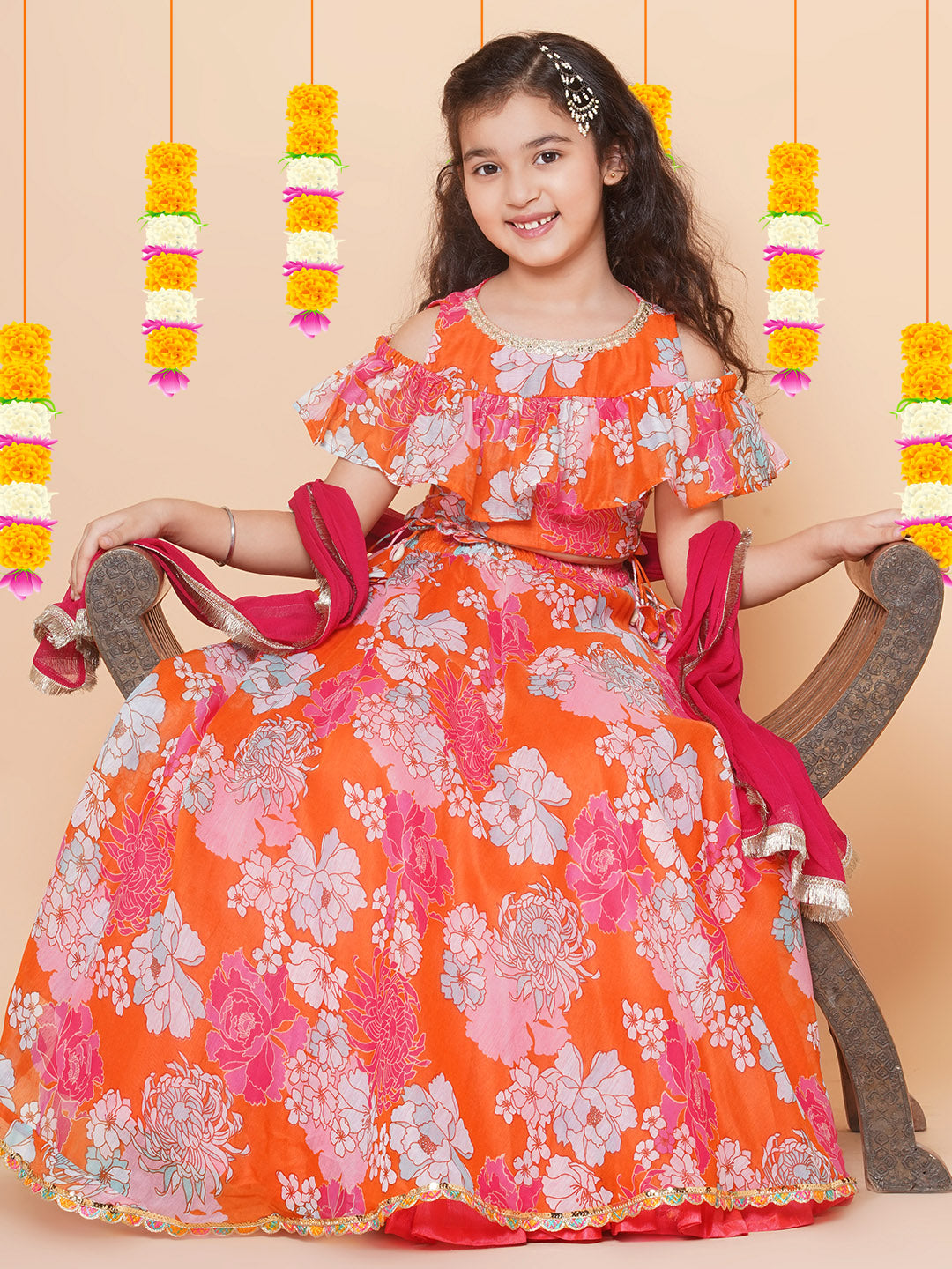 Girls Orange & Pink Flower Digital Print Choli Ready to wear Lehenga with Dupatta for Kids - Bhama - Distacart