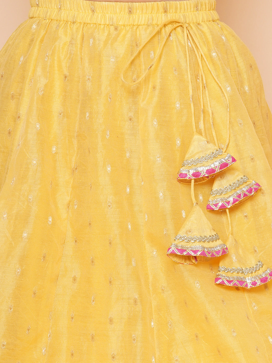 Girls Yellow Jacquard booti Lehenga Choli Ready to Wear with Pink Dupatta for Kids - Bhama - Distacart
