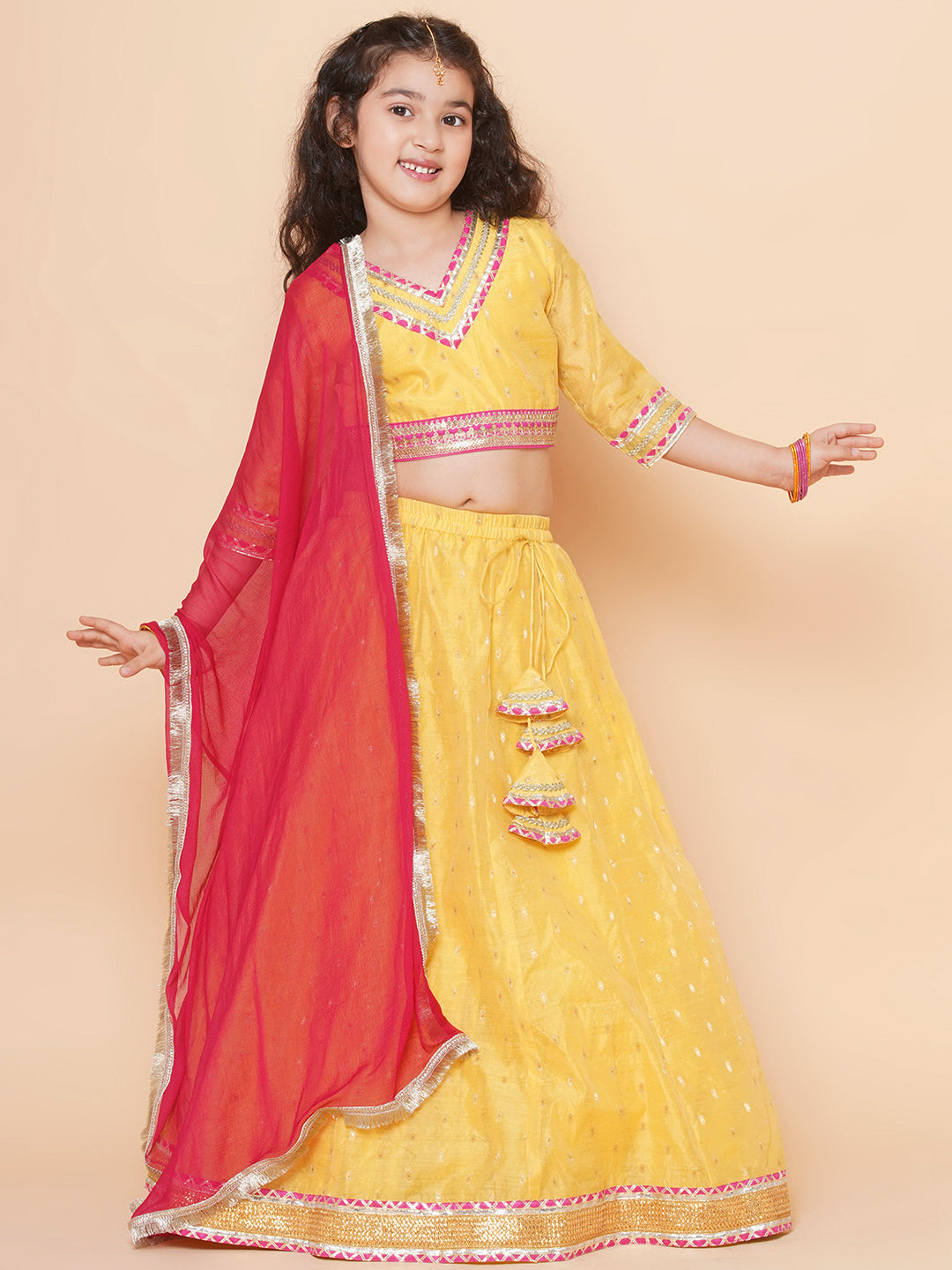 Girls Yellow Jacquard booti Lehenga Choli Ready to Wear with Pink Dupatta for Kids - Bhama - Distacart