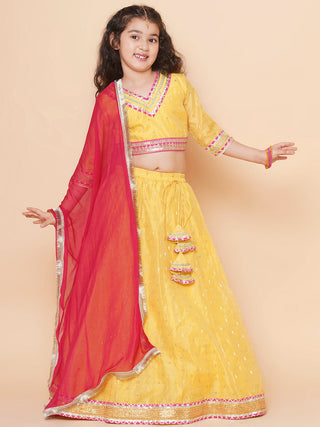 Girls Yellow Jacquard booti Lehenga Choli Ready to Wear with Pink Dupatta for Kids - Bhama - Distacart