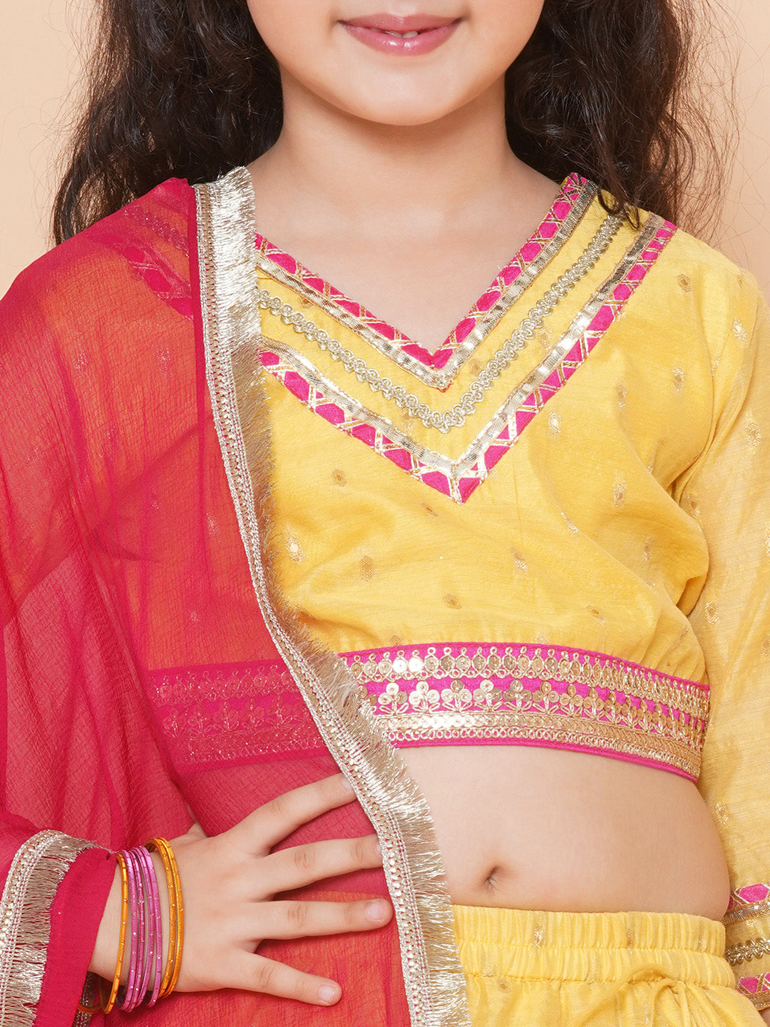 Girls Yellow Jacquard booti Lehenga Choli Ready to Wear with Pink Dupatta for Kids - Bhama - Distacart