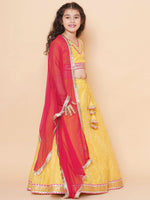 Thumbnail for Girls Yellow Jacquard booti Lehenga Choli Ready to Wear with Pink Dupatta for Kids - Bhama - Distacart