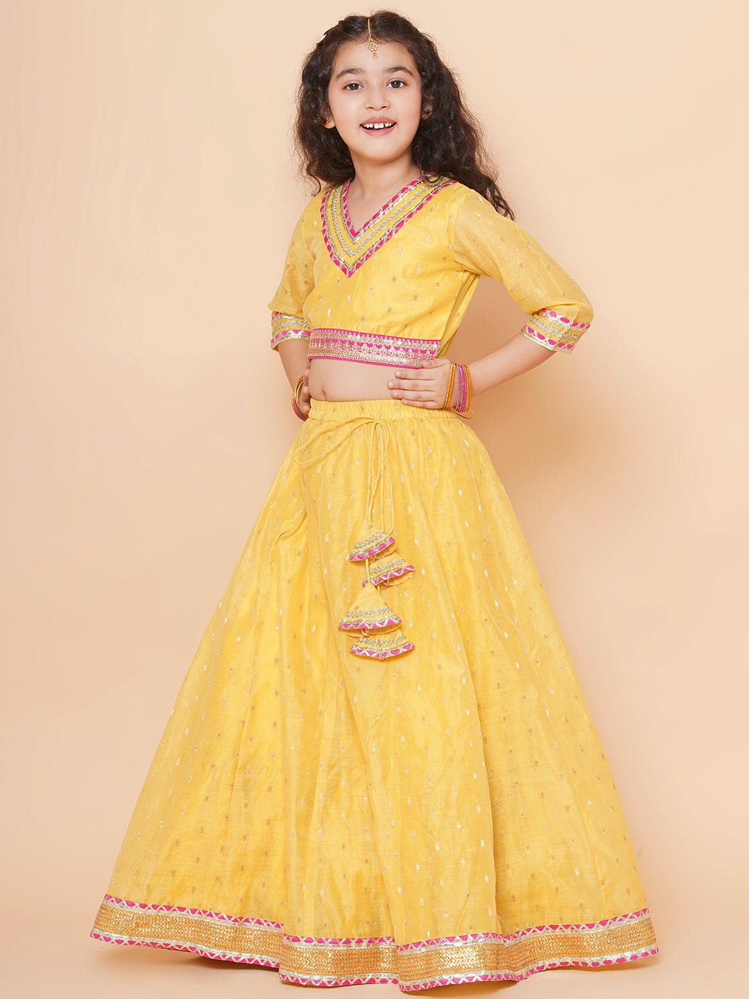 Girls Yellow Jacquard booti Lehenga Choli Ready to Wear with Pink Dupatta for Kids - Bhama - Distacart