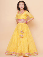 Thumbnail for Girls Yellow Jacquard booti Lehenga Choli Ready to Wear with Pink Dupatta for Kids - Bhama - Distacart